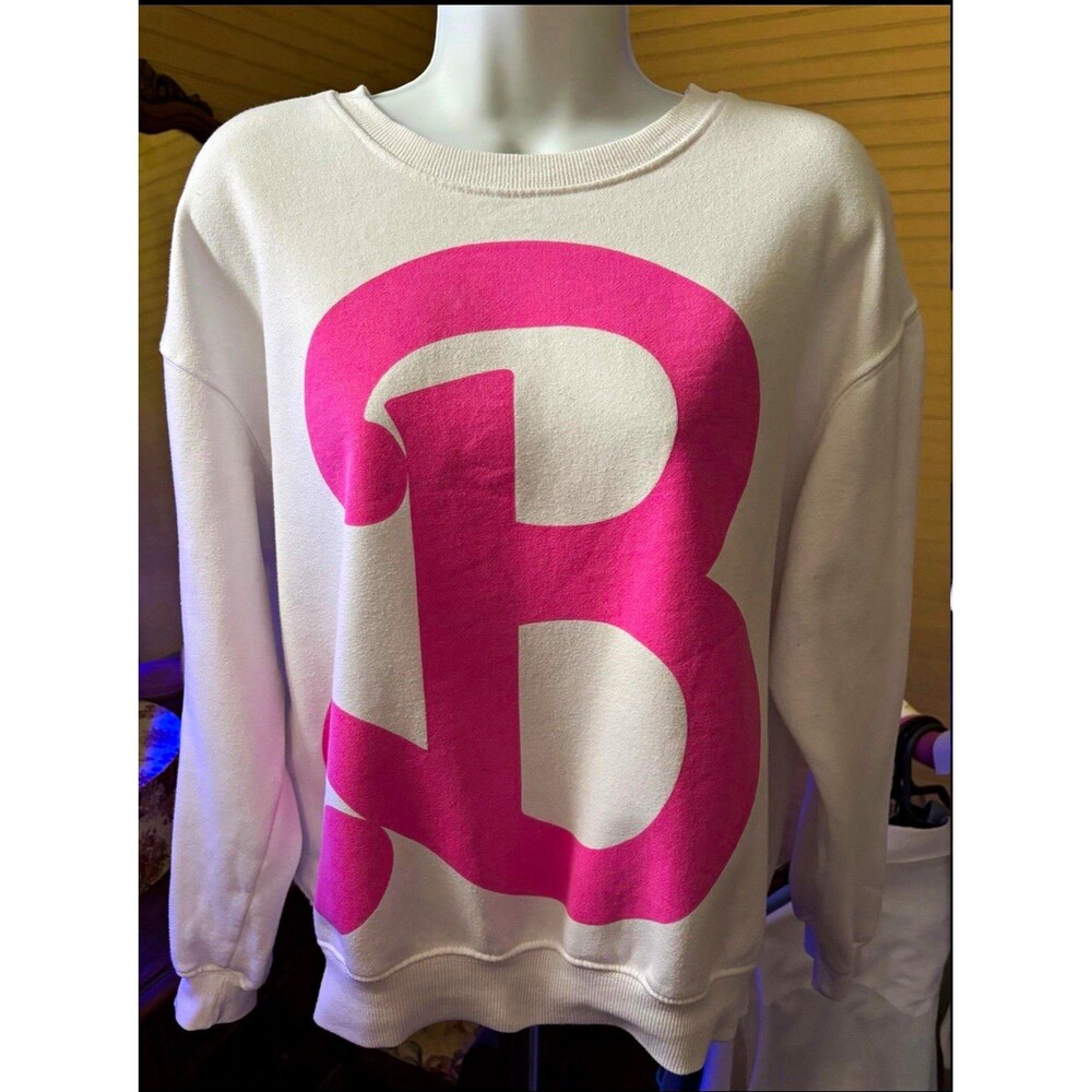 Barbie The Movie Women’s Size M Sweatshirt White Pink Logo Cotton Blend 44” Bust